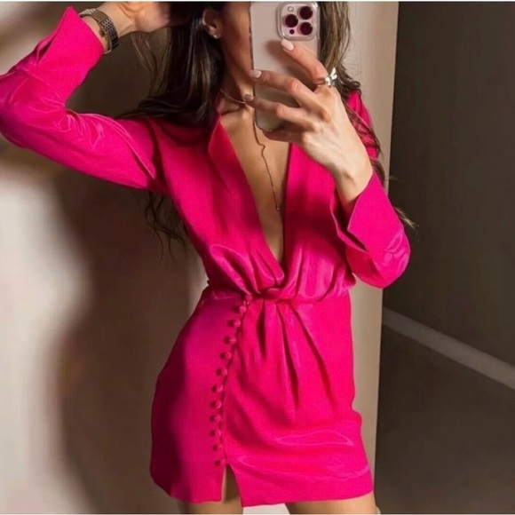 Zara hot pink satin effect button down long sleeve mini dress L - Picture 1 of 14